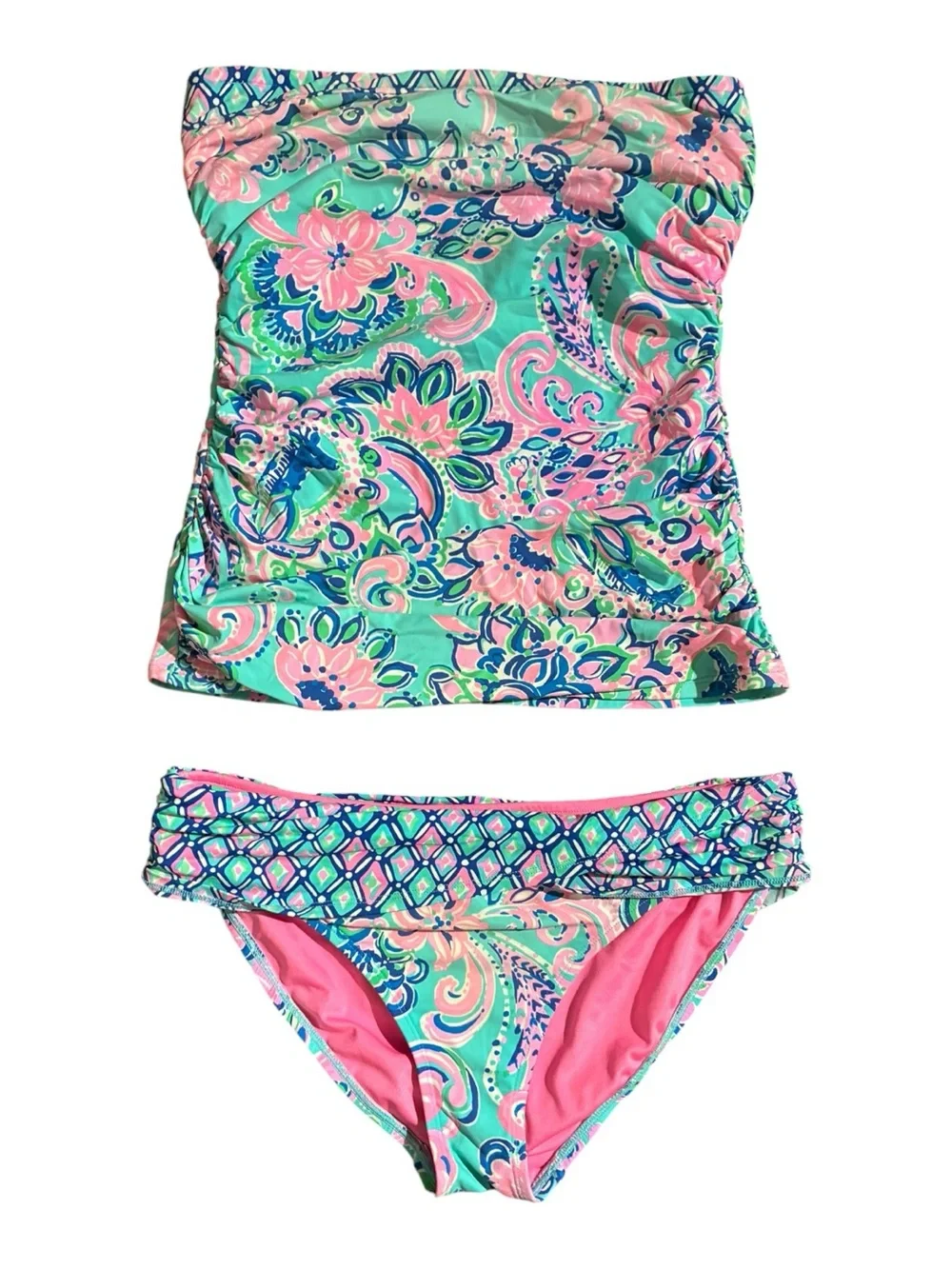 Lilly Pulitzer Turquoise Pink Floral Bandeau Tankini - Picture 4 of 6